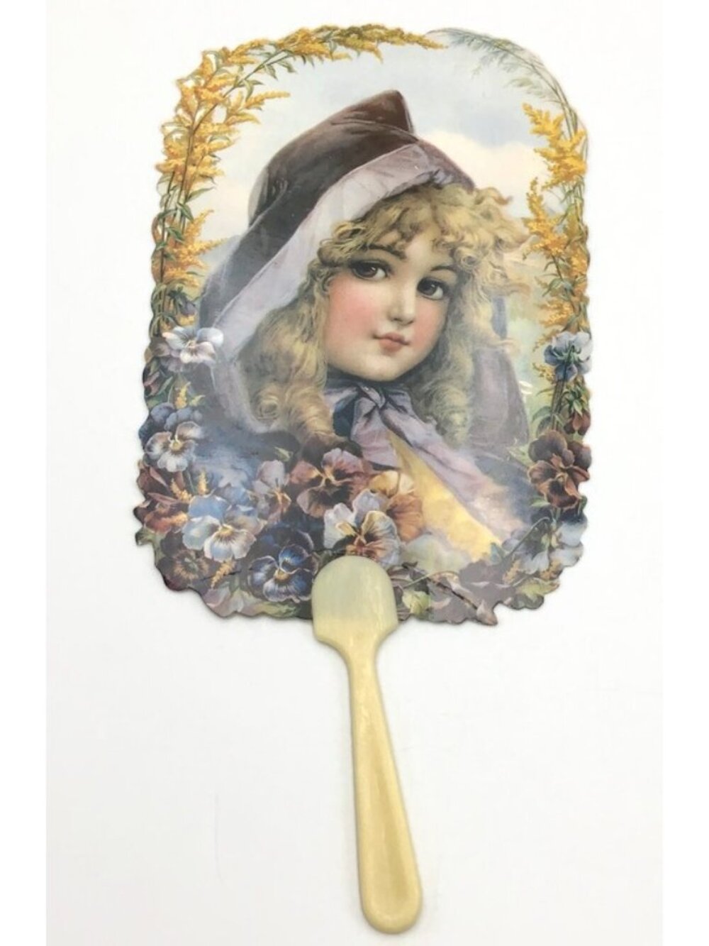 Victorian Girl Floral Handle Fan Old Print Factory